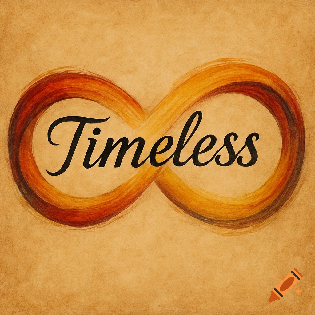 Stylized infinity symbol in warm colors with the word Timeless inside on a textured background.