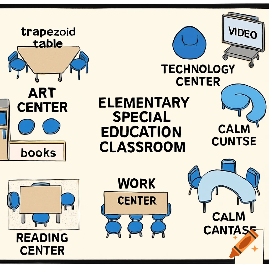 Blueprint diagram of an elementary special education classroom with labeled centers and furniture.