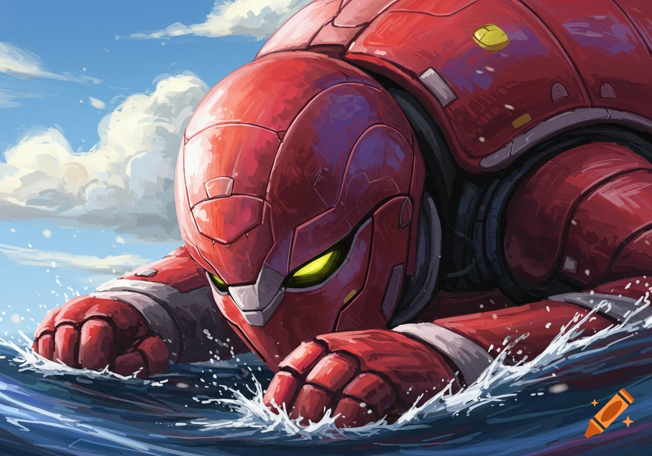 A red mecha or robot emerging from the water.