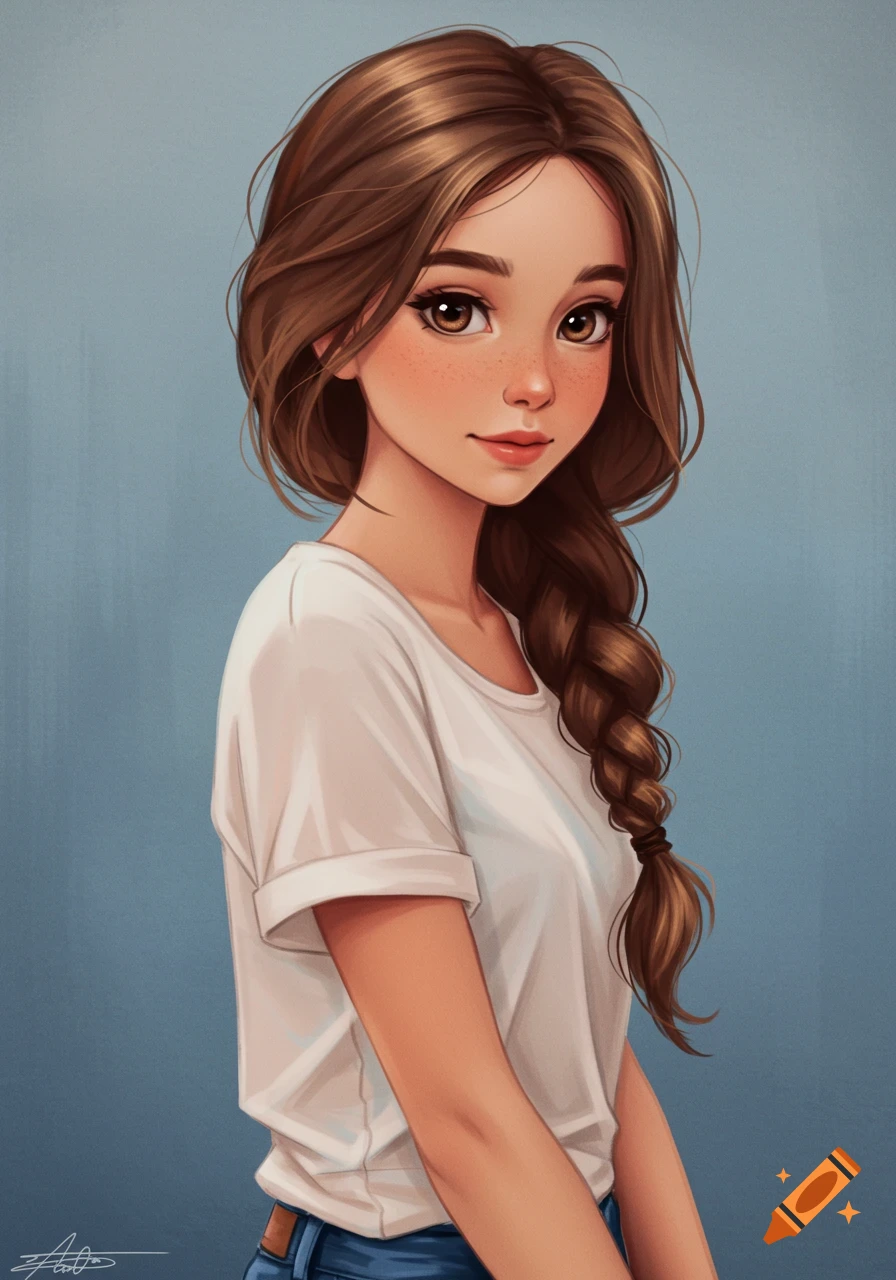 Digital painting of a young woman with braided brown hair wearing a white t-shirt.