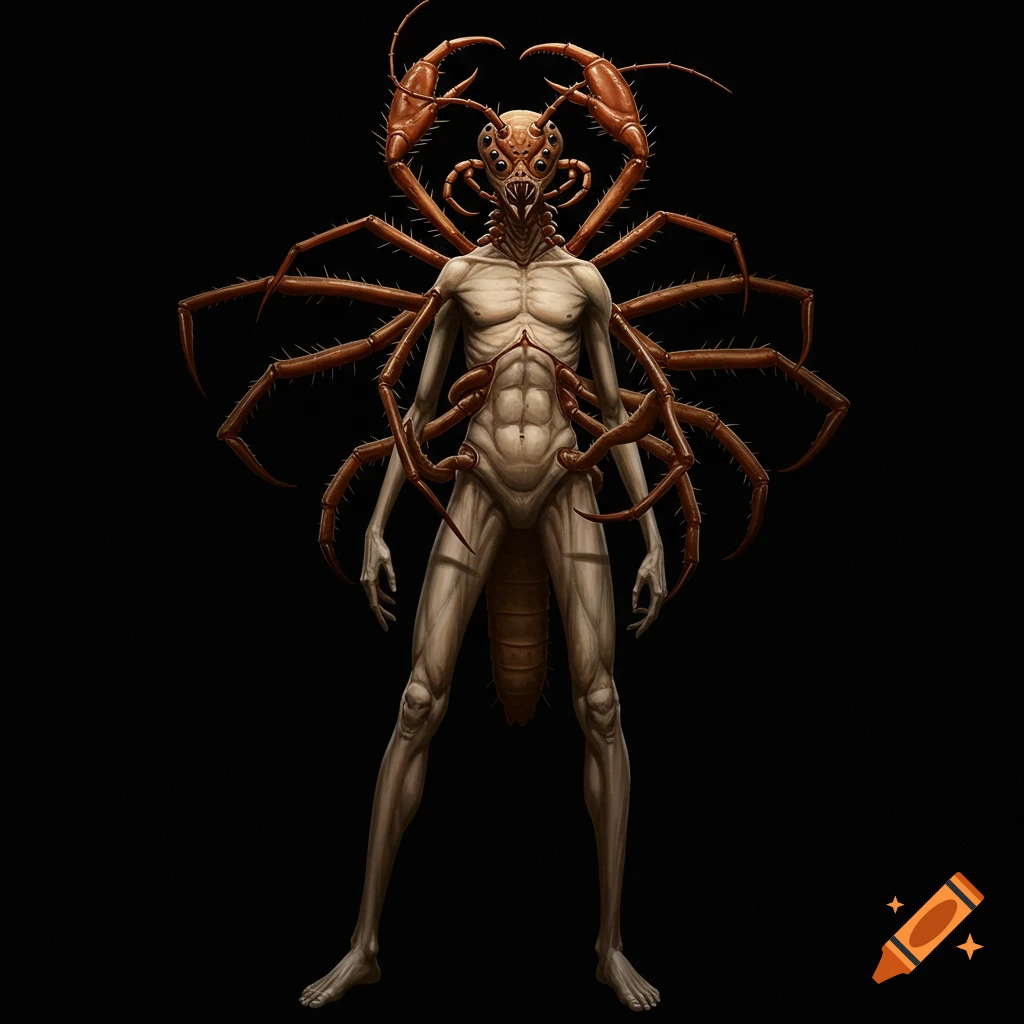 A monstrous human-like creature with scorpion claws, multiple eyes, and many spider legs standing on a black background.