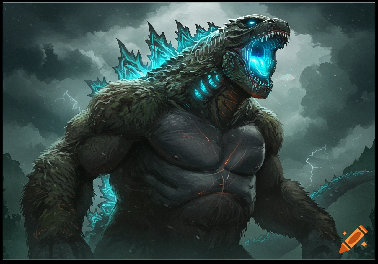 Illustration of a muscular monster with glowing blue features under a stormy sky