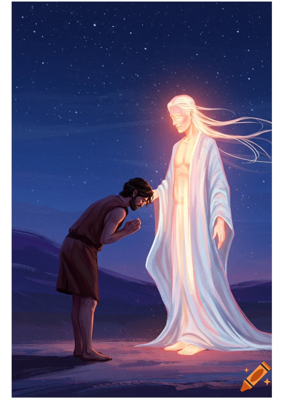 A man bows to a glowing figure in white robes under a starry sky.