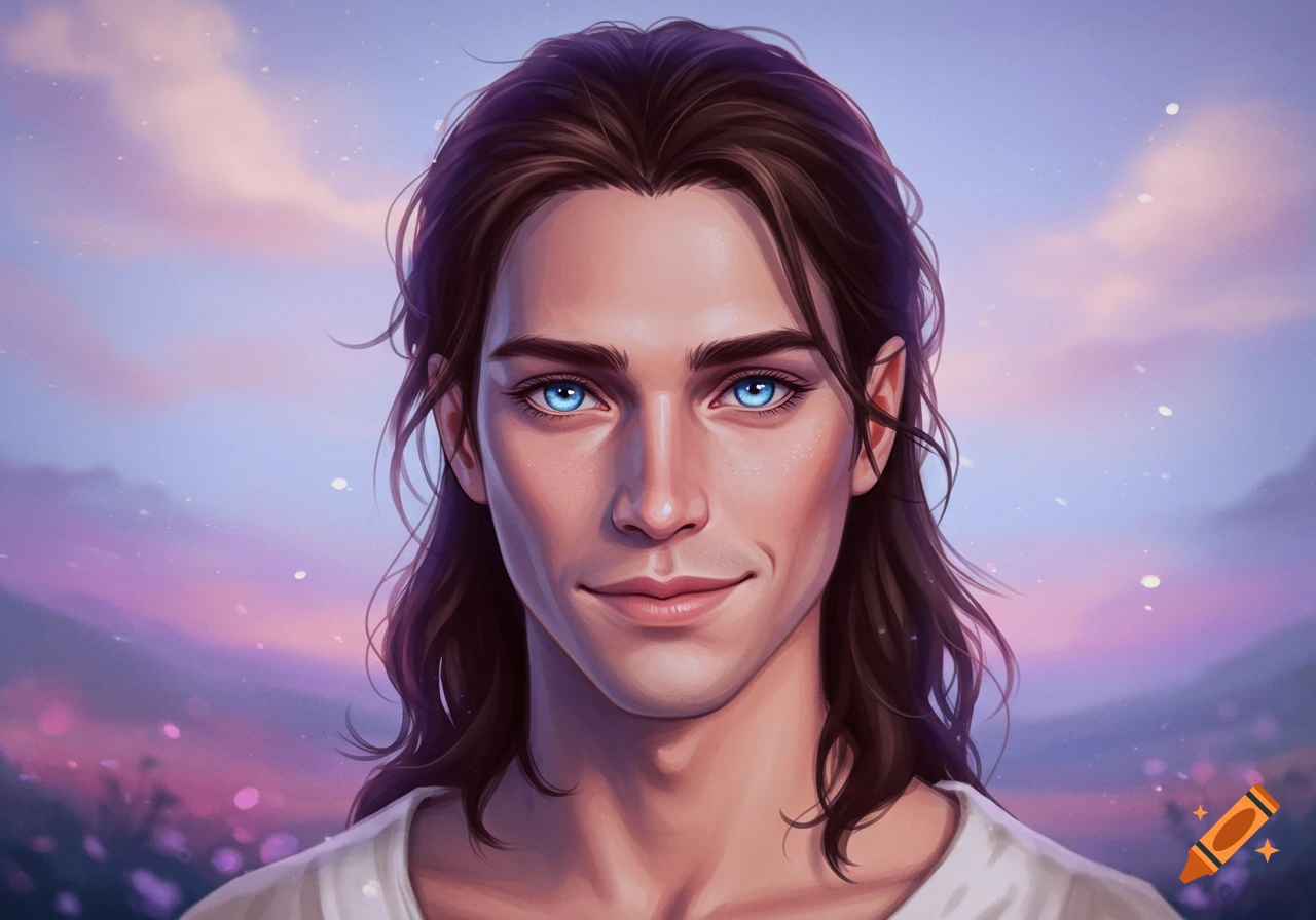 Portrait of a young man with brown hair and blue eyes against a purple sky.