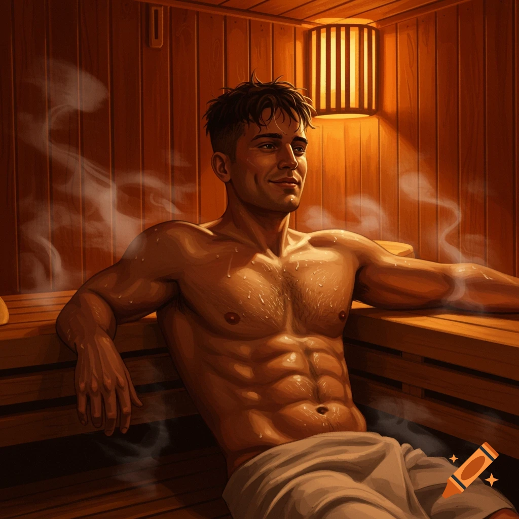 Muscular man relaxing in a steamy sauna