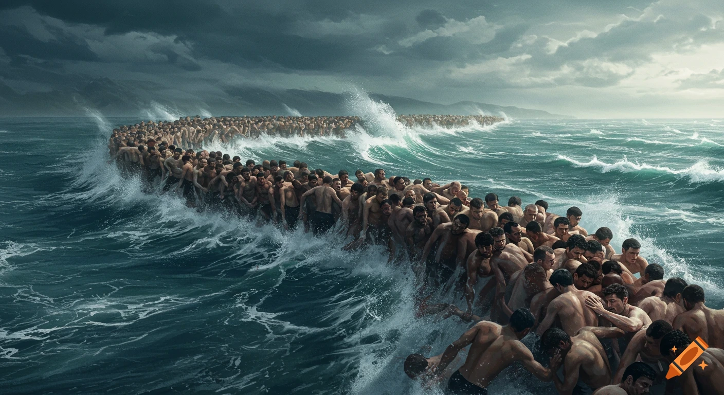 A mass of shirtless men in a rough sea acting as a human sea wall against stormy waves.