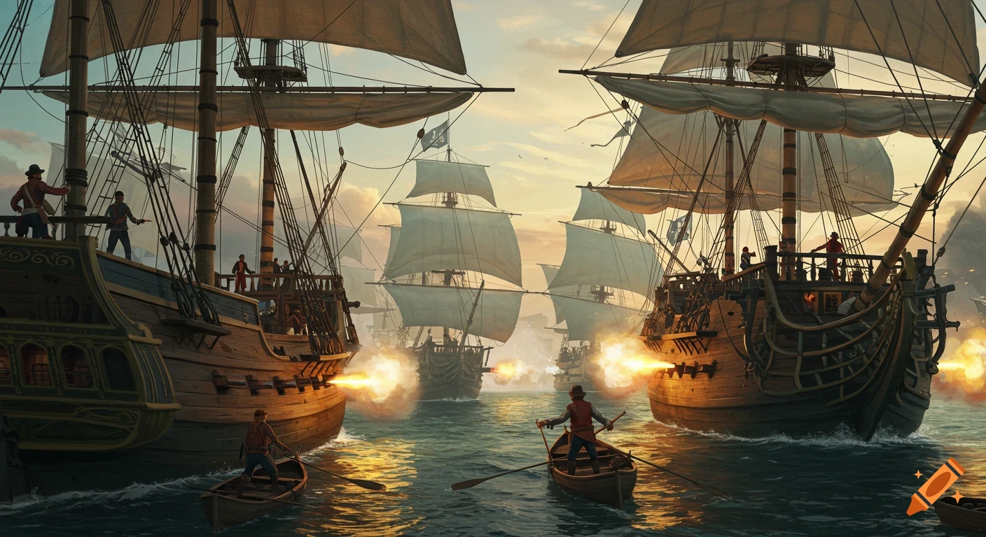 Painting of pirate ships engaging in intense sea battle with cannon fire.