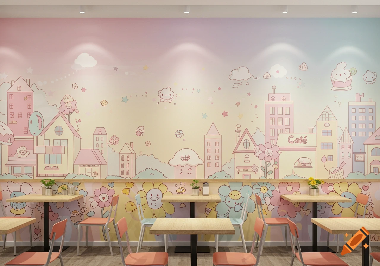 Cartoon mural of a pastel cityscape with cheerful flowers, buildings, and characters on a cafe wall.