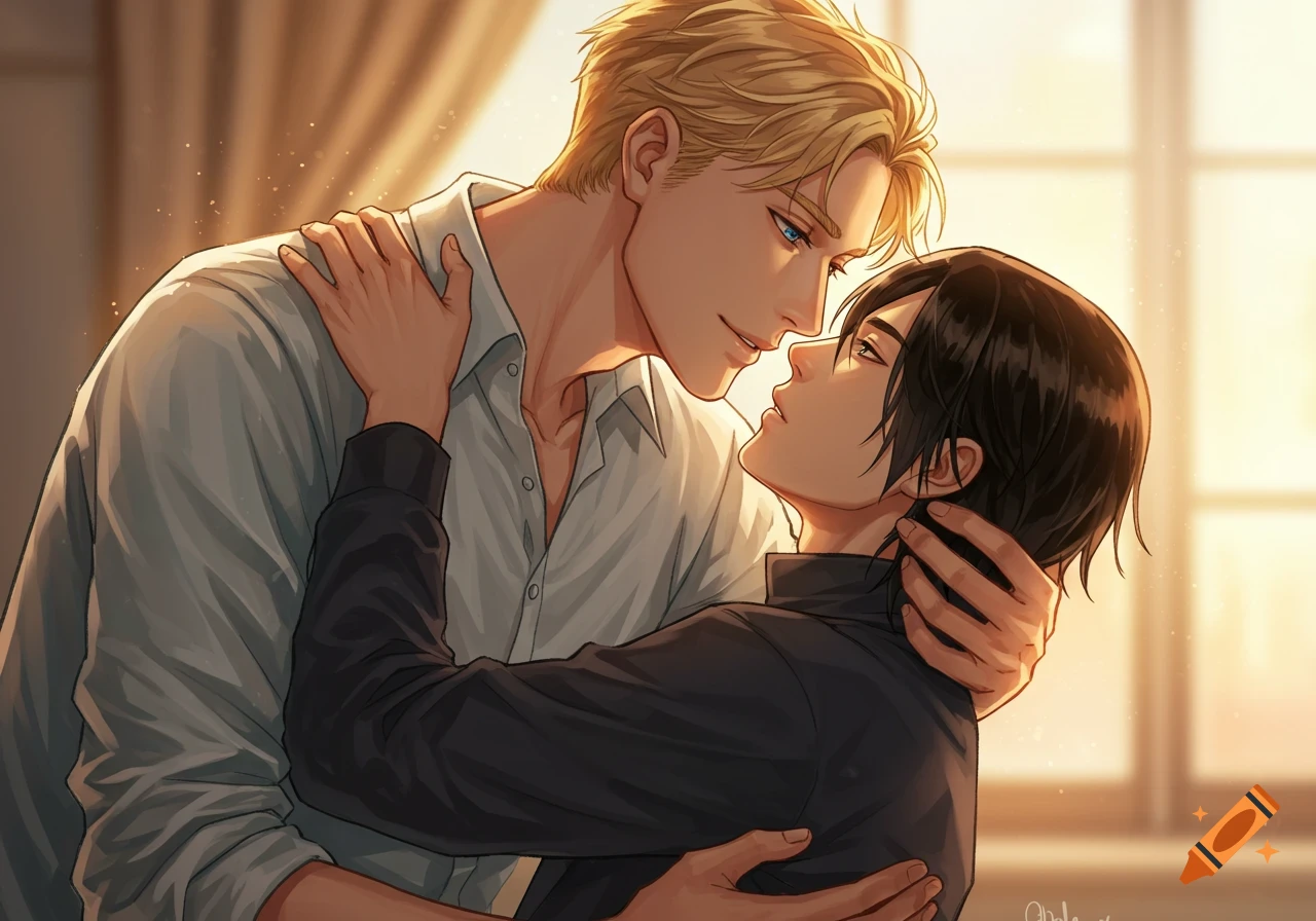 A blonde man embracing a dark-haired man, looking intimately at each other in warm light.