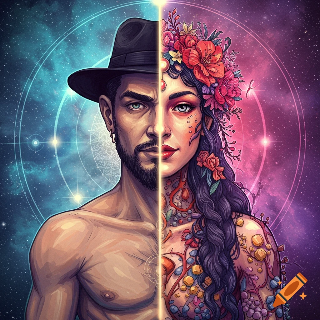 Split face: male with fedora on left, female with flower crown on right, against cosmic background.