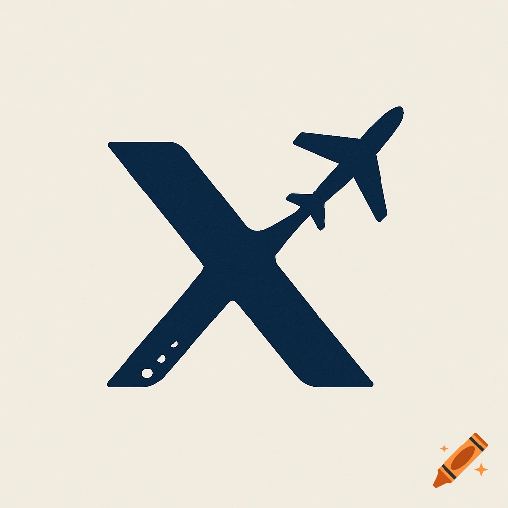 Stylized dark blue letter X with an airplane taking off from the top right