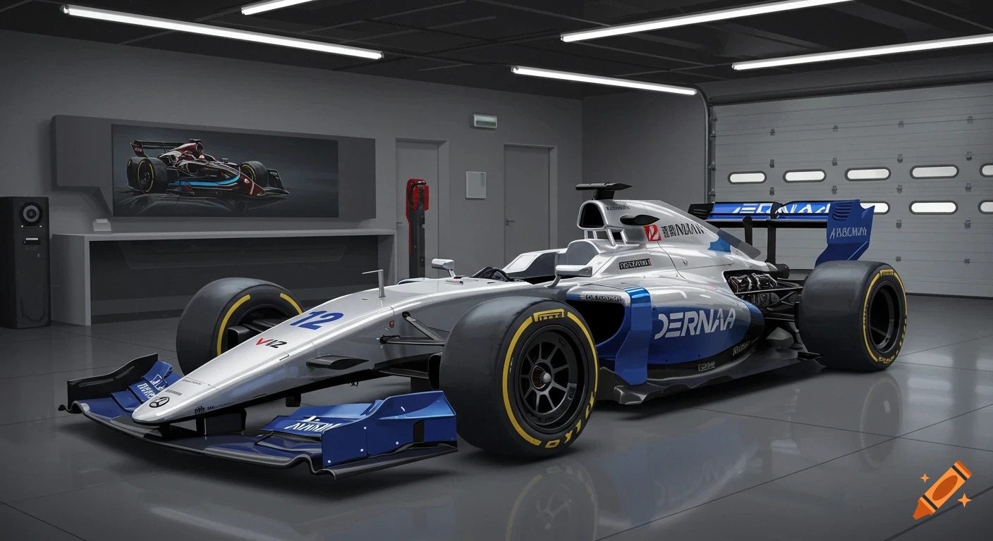 A silver and blue F1 race car in a modern garage showroom