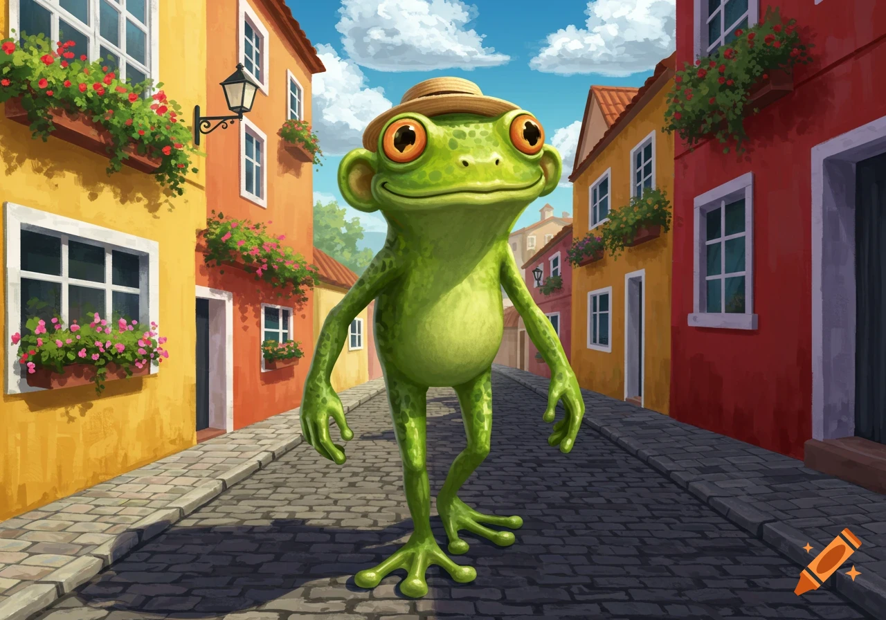 Cartoon frog in a straw hat standing on a cobblestone street in a colorful town