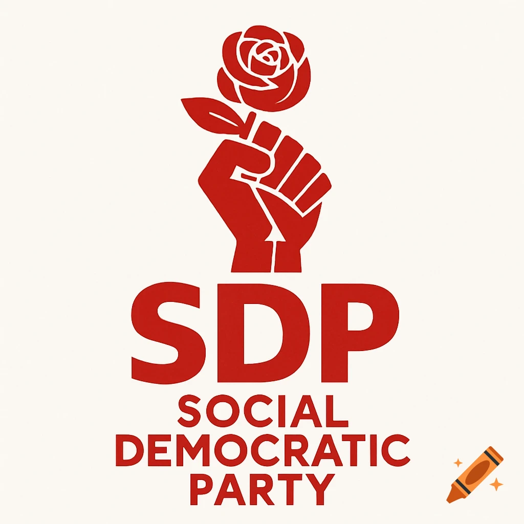 Logo with a red raised fist holding a rose above the text SDP SOCIAL DEMOCRATIC PARTY on a white background.