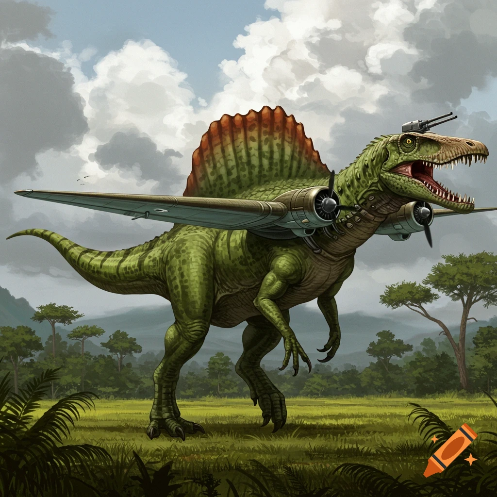 An illustration of a spinosaurus dinosaur hybrid with airplane wings and engines standing in a jungle landscape.