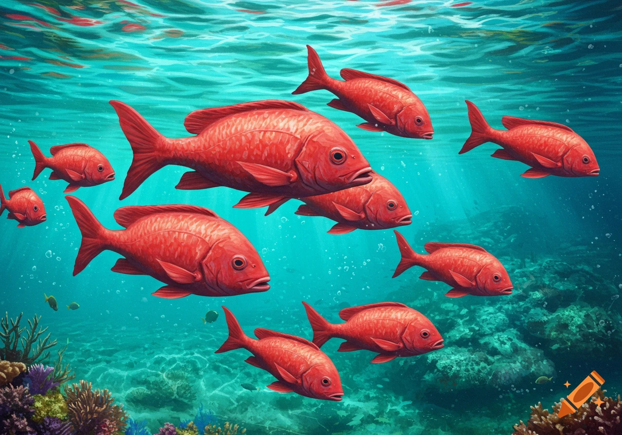 Red fish swimming near coral reefs in clear blue water.