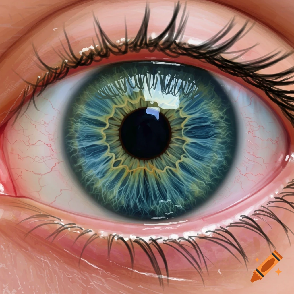 Detailed close-up of a human eye with a vibrant blue and yellow-green iris and reddish veins.