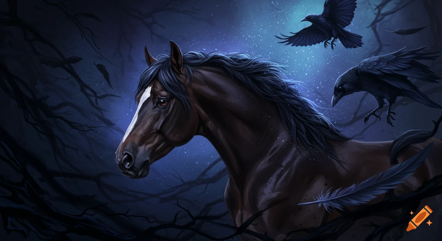 Dark digital painting of a horse and crows in a starry forest