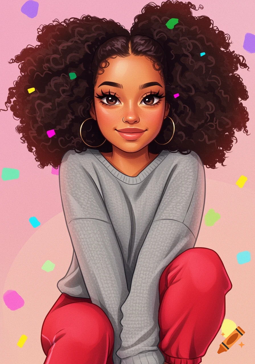 An illustration of a young woman with curly hair, wearing a gray sweater and red pants, kneeling with colorful confetti.