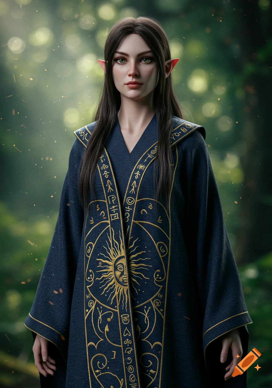 A photorealistic image of an elf woman in a detailed blue robe with golden embroidery standing in a forest.