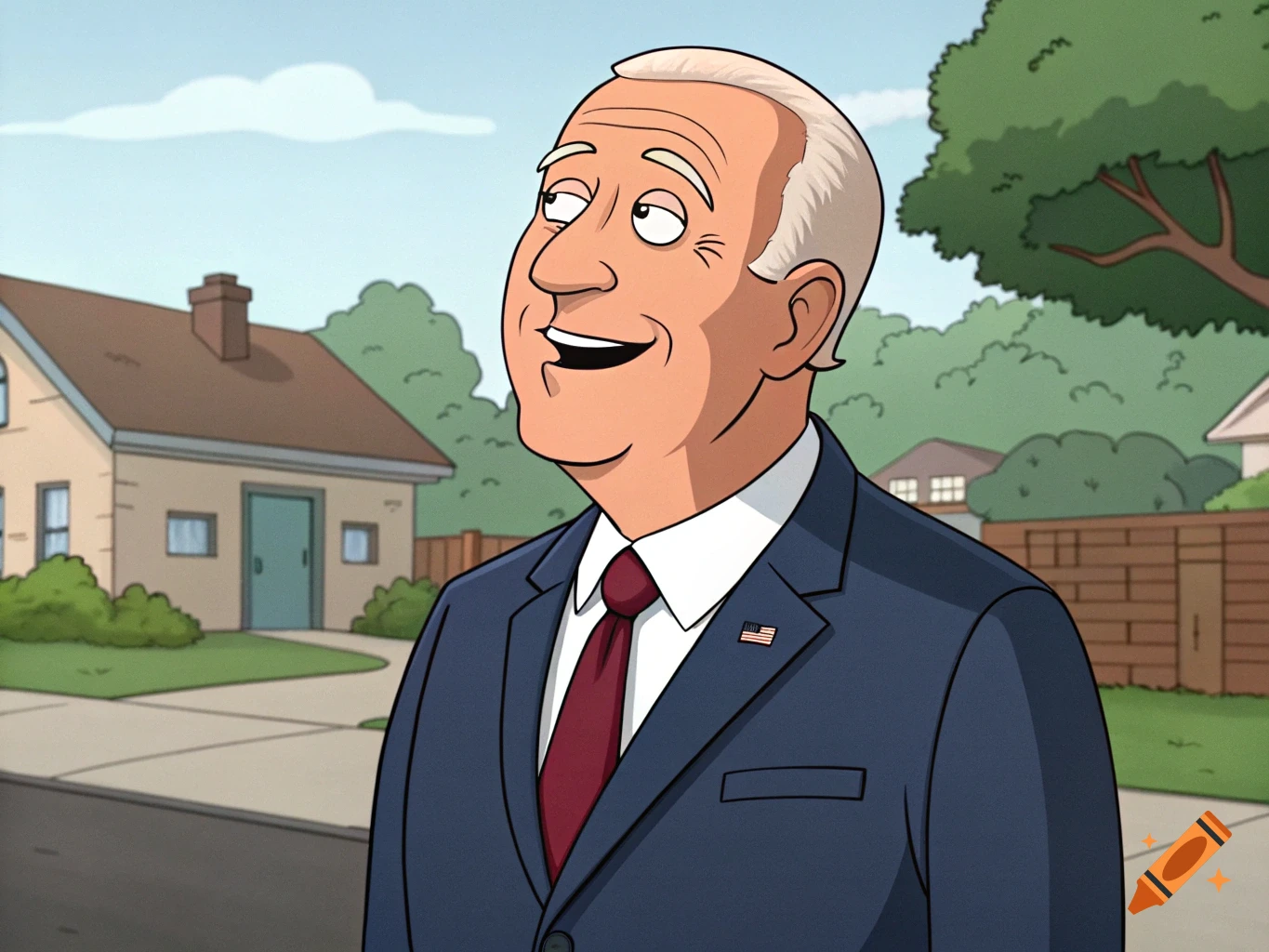 Joe Biden smiling in a Family Guy cartoon style