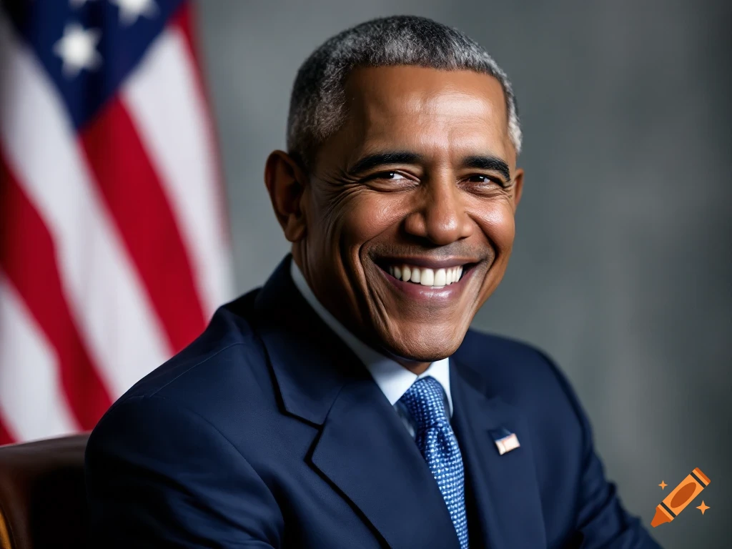 Photorealistic portrait of a smiling man resembling Barack Obama in a blue suit, with the American flag behind him.