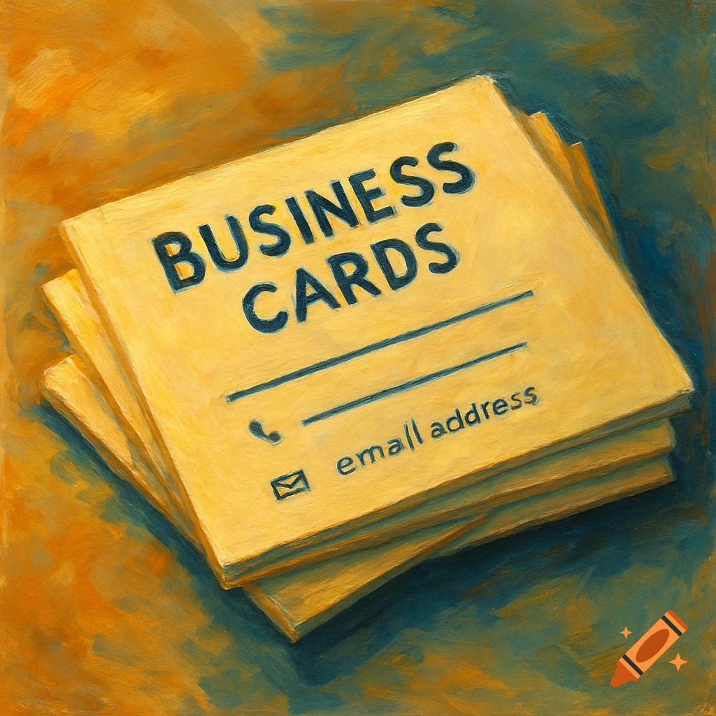 Stack of yellow business cards with text and symbols.