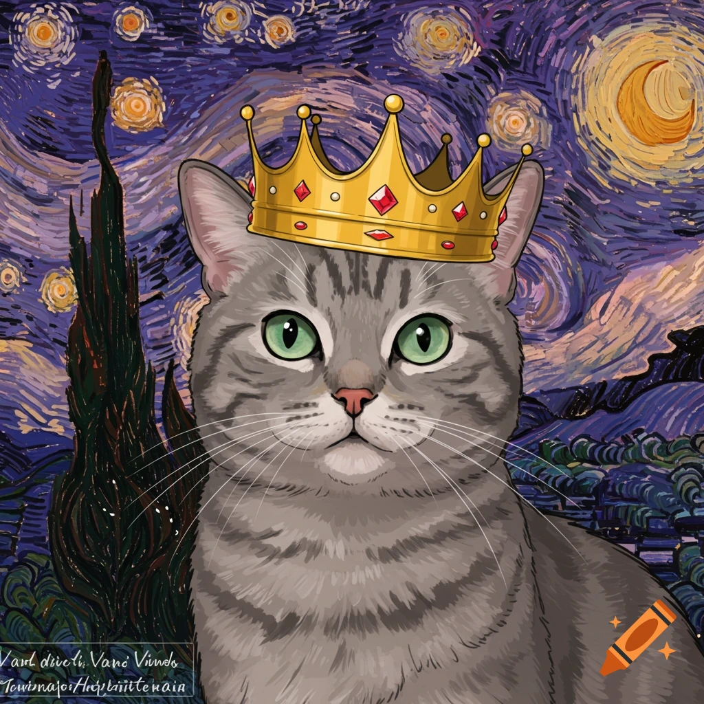 A cartoony grey tabby cat with green eyes wears a gold crown against a Starry Night style background.