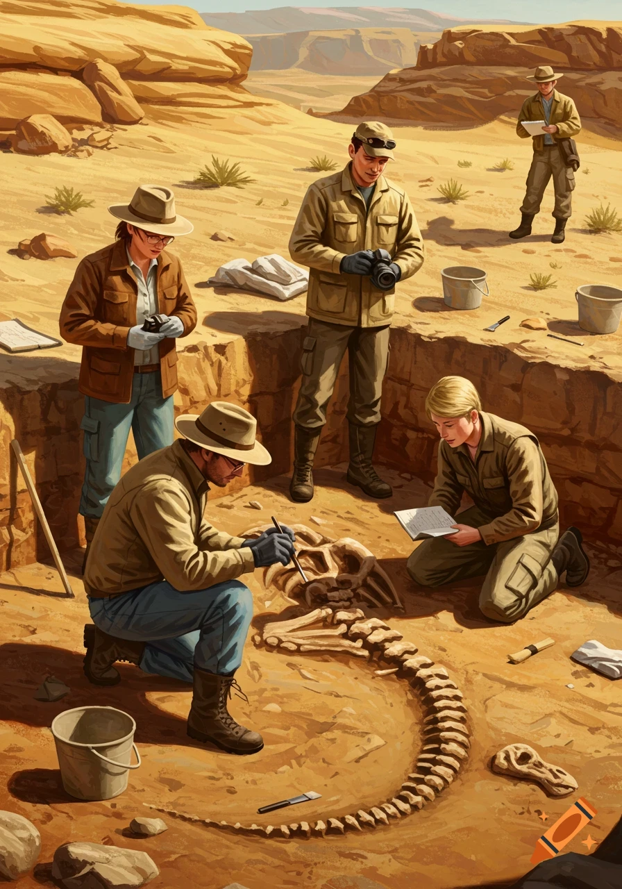 Paleontologists excavating a dinosaur skeleton at a desert dig site, illustration style.
