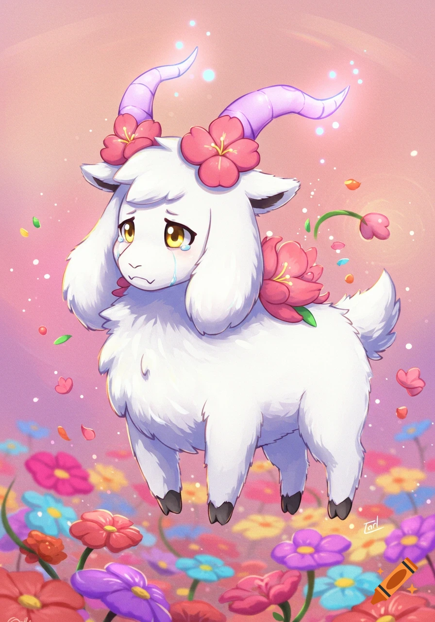 A crying white goat character with pink flowers on its head and body, standing in a field of colorful flowers.