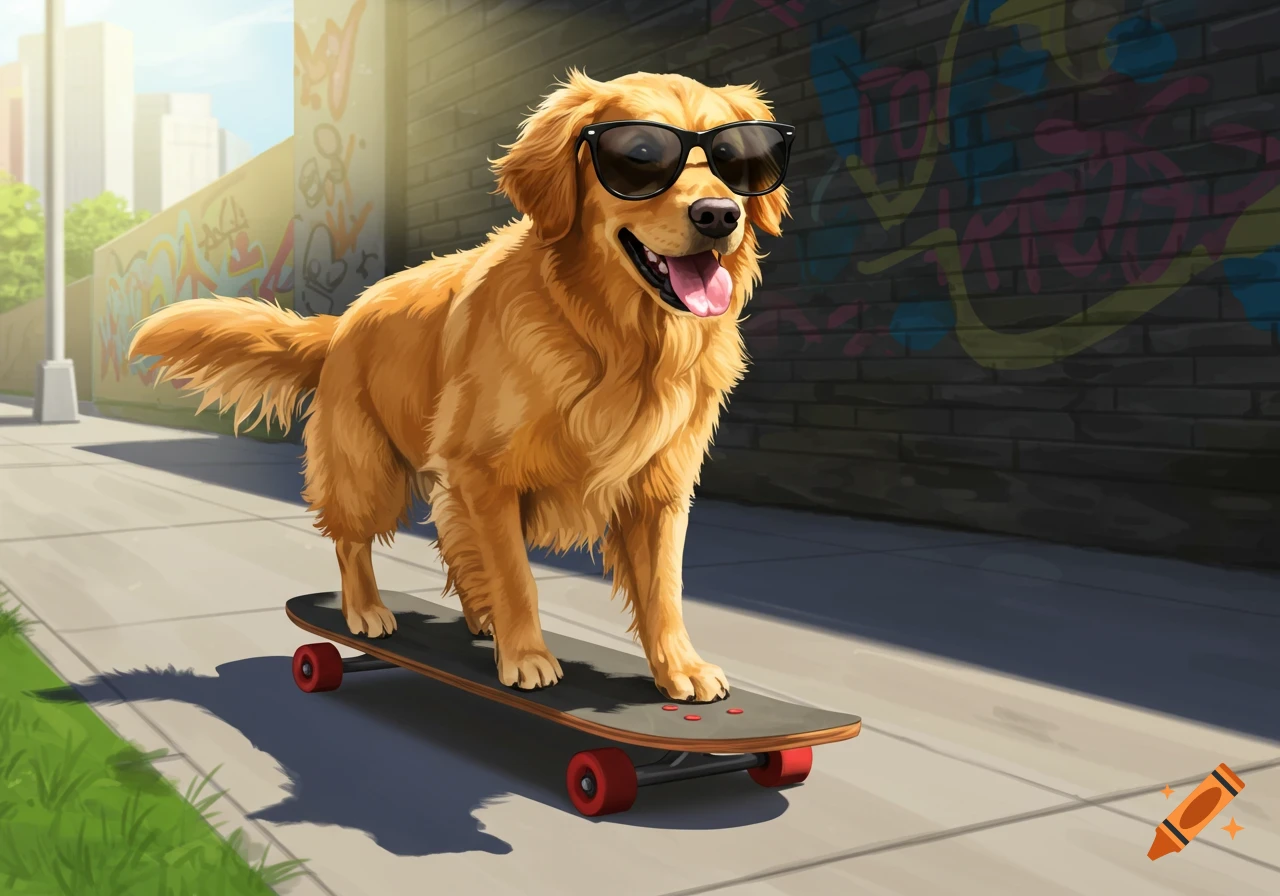 A golden retriever with sunglasses rides a skateboard down a sidewalk past a graffiti-covered wall.