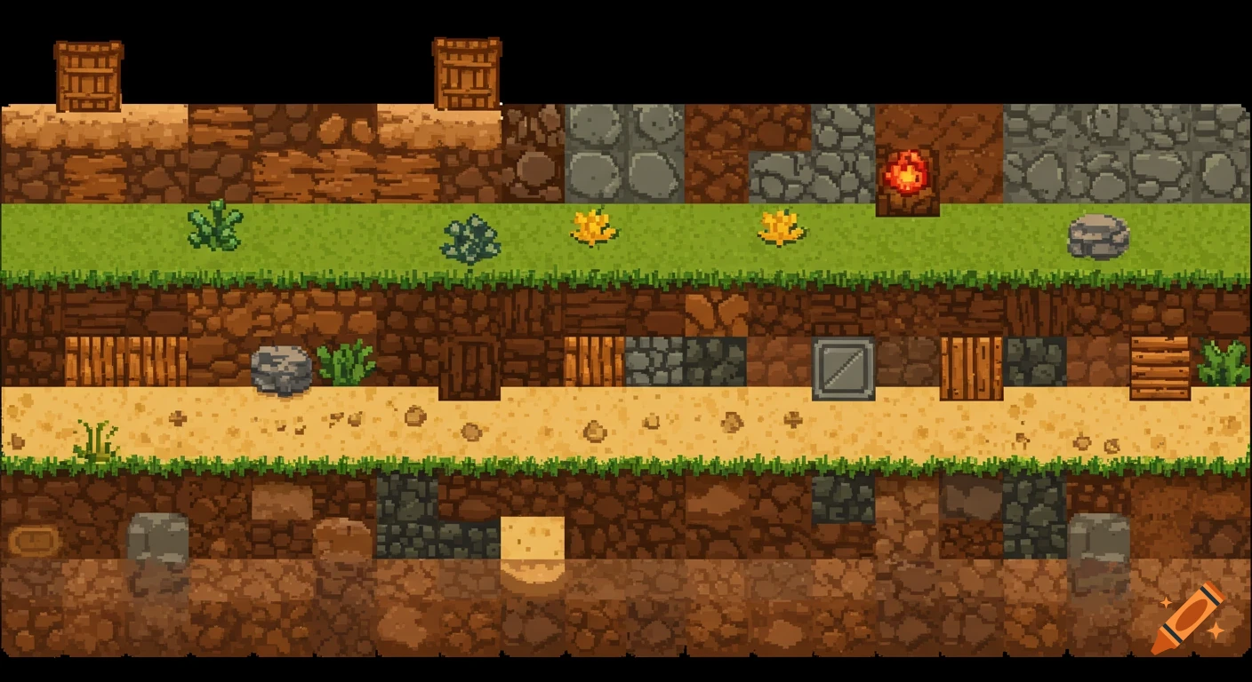 Pixel art game ground level with dirt, sand, grass, and rocks.