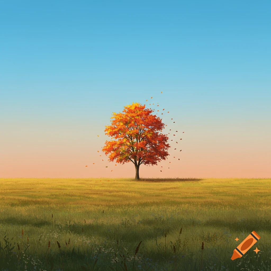 A single tree with vibrant orange and yellow autumn leaves stands in a grassy field as leaves fall.
