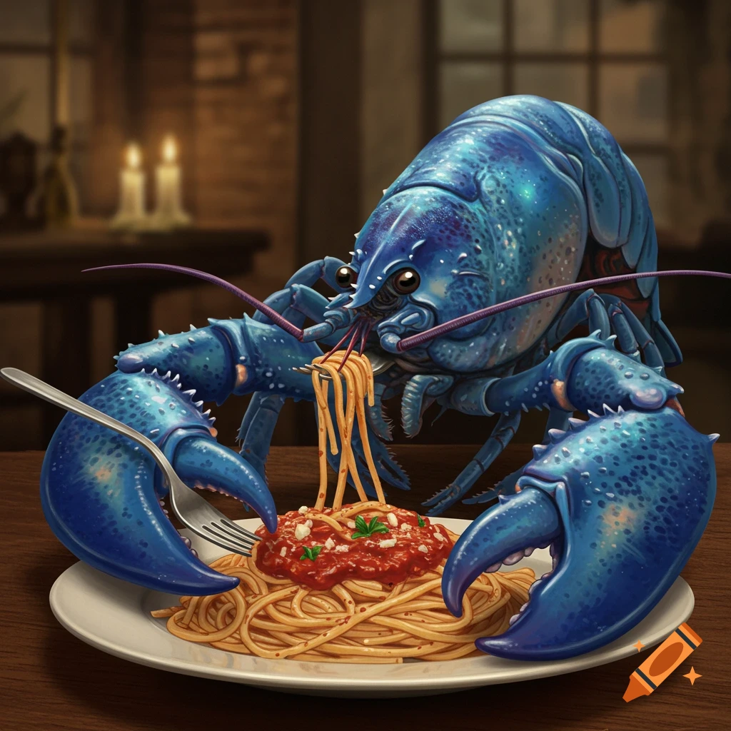 A blue lobster is eating spaghetti with a fork at a table.