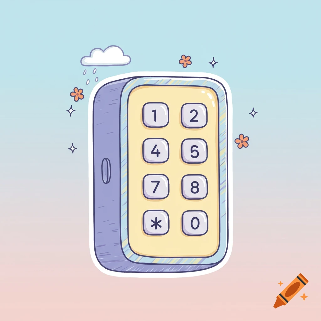 Cartoon illustration of a door keypad with numbers and star symbol on a pastel background.