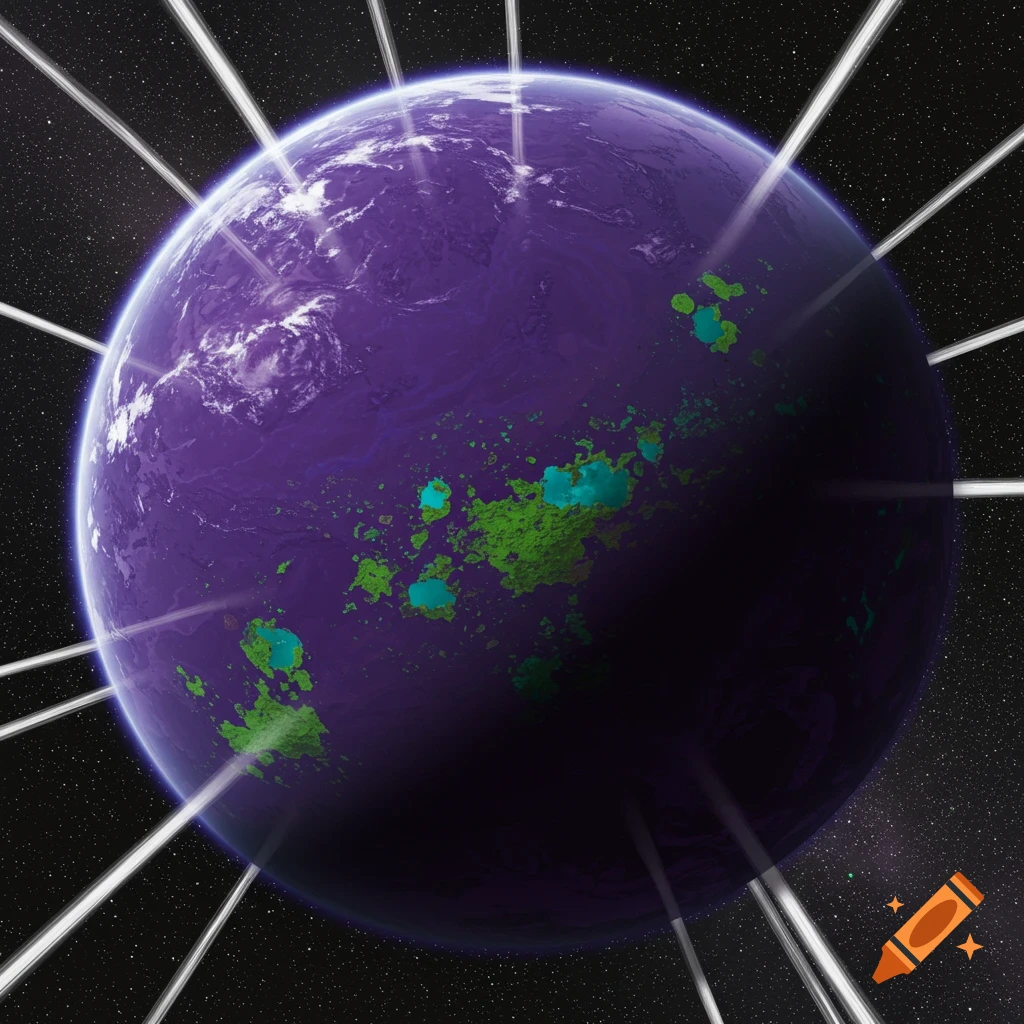 A purple planet with green and blue features and light rays extending outwards in space.