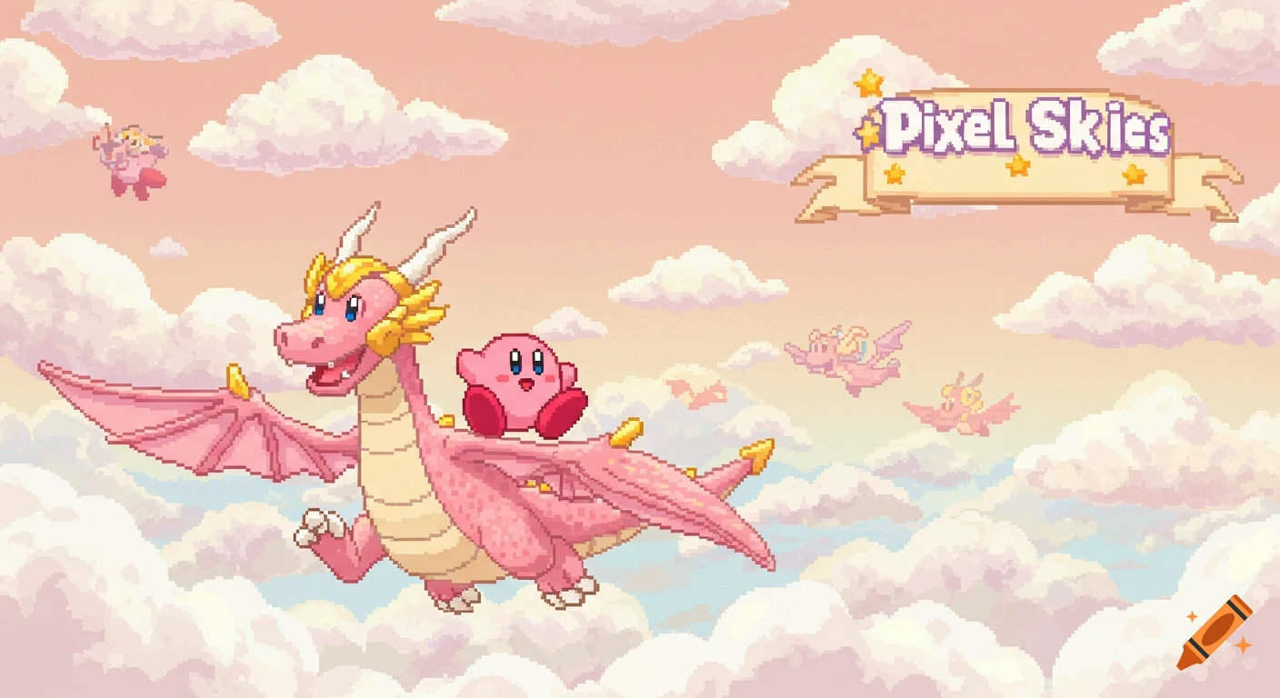 Pixel art of Kirby riding a pink dragon in a cloudy sky with other dragons and a banner reading 'Pixel Skies'.