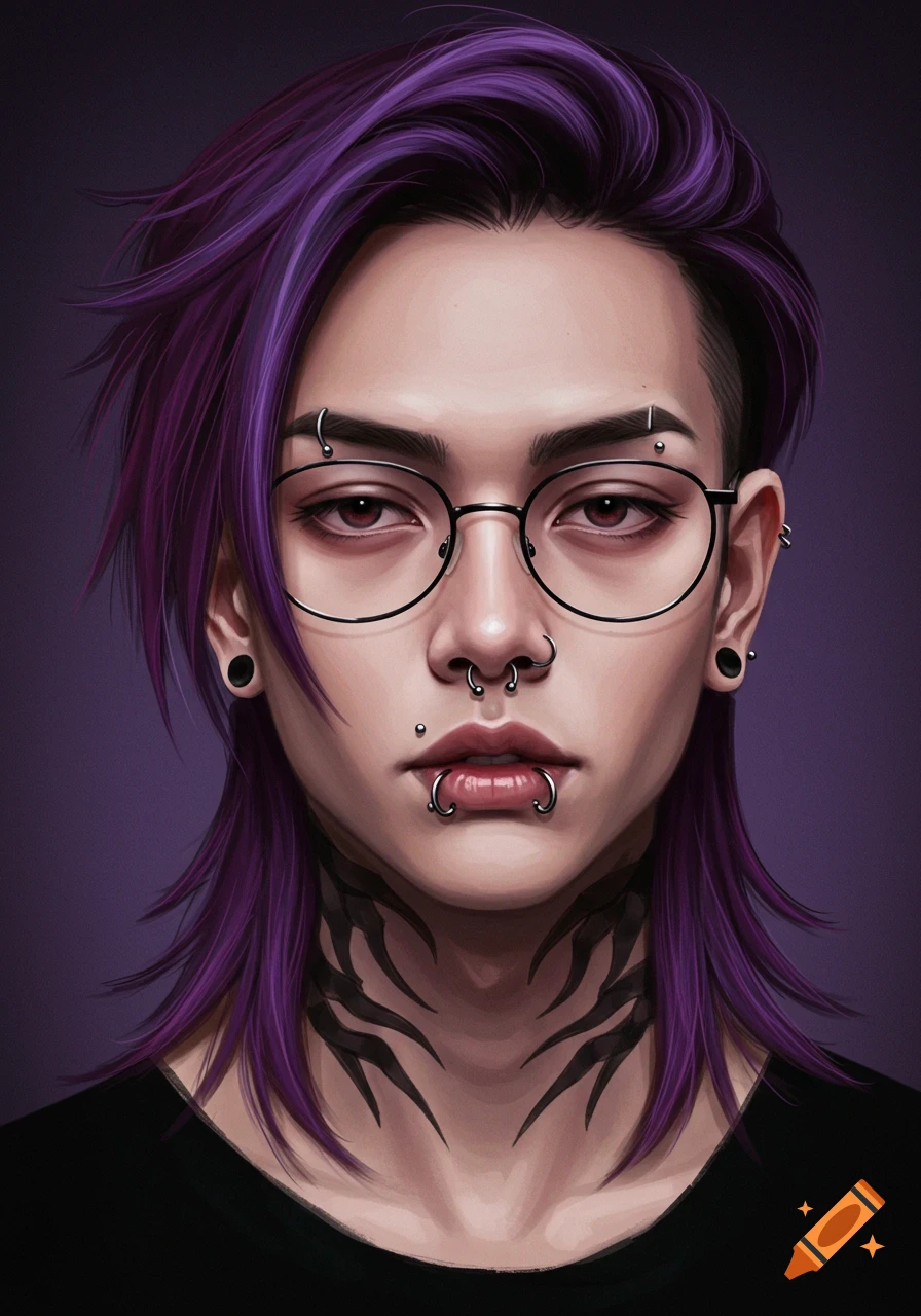 A person with purple hair, glasses, facial piercings, neck tattoos, and tired eyes against a purple background.