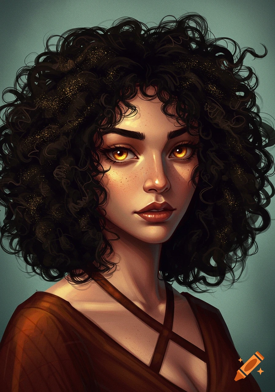 Portrait of a woman with curly dark hair and glowing amber eyes