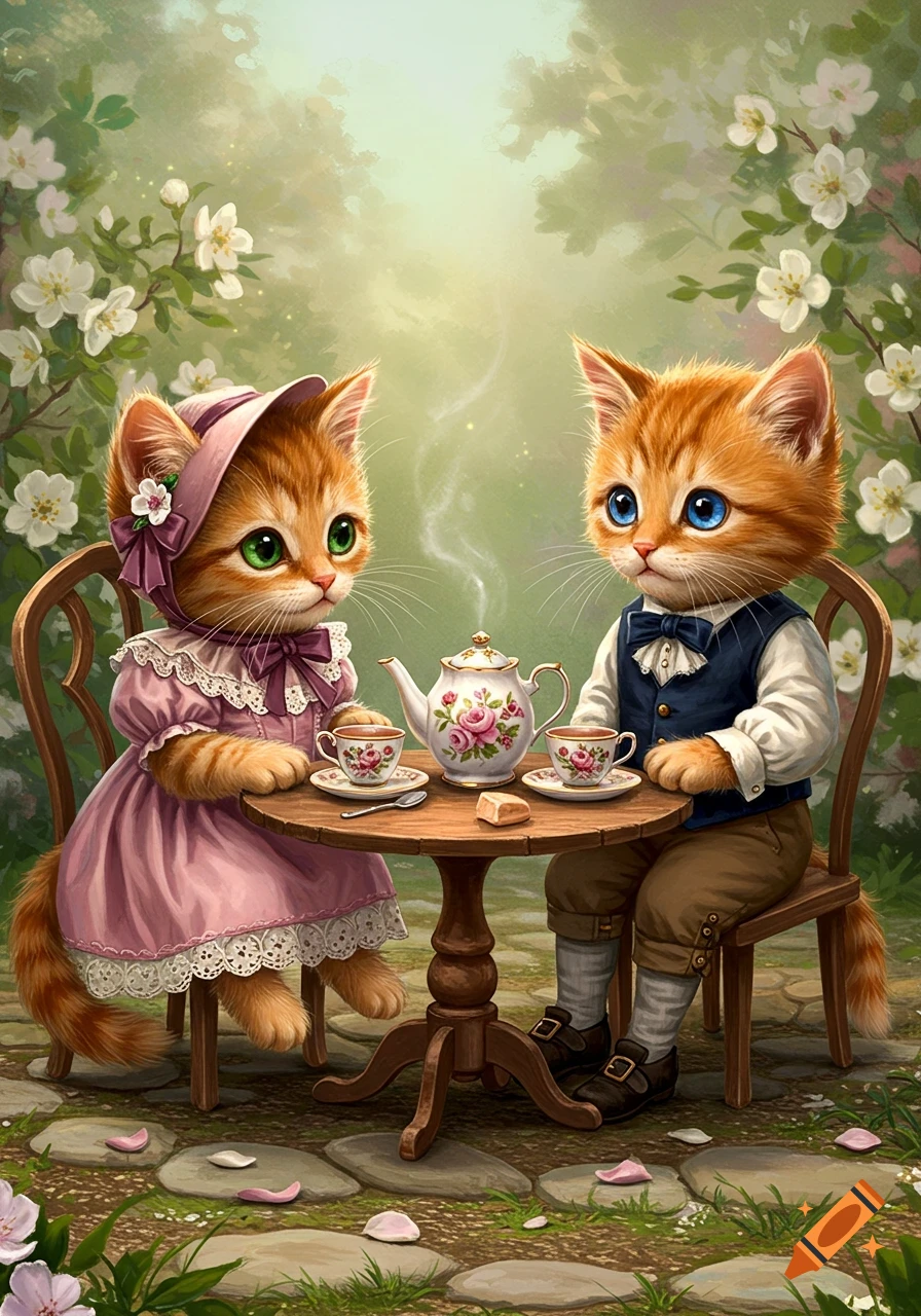 Two anthropomorphic kittens in clothes sit at a small table having tea in a garden.