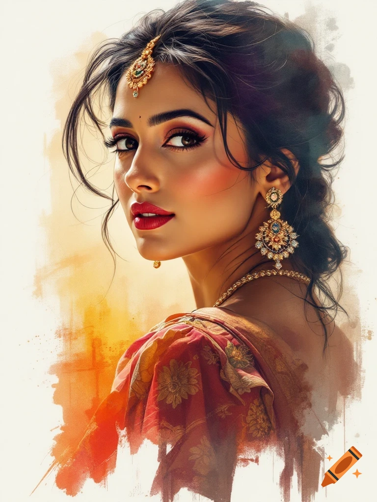 Realistic portrait of a woman in traditional Indian attire and jewelry.