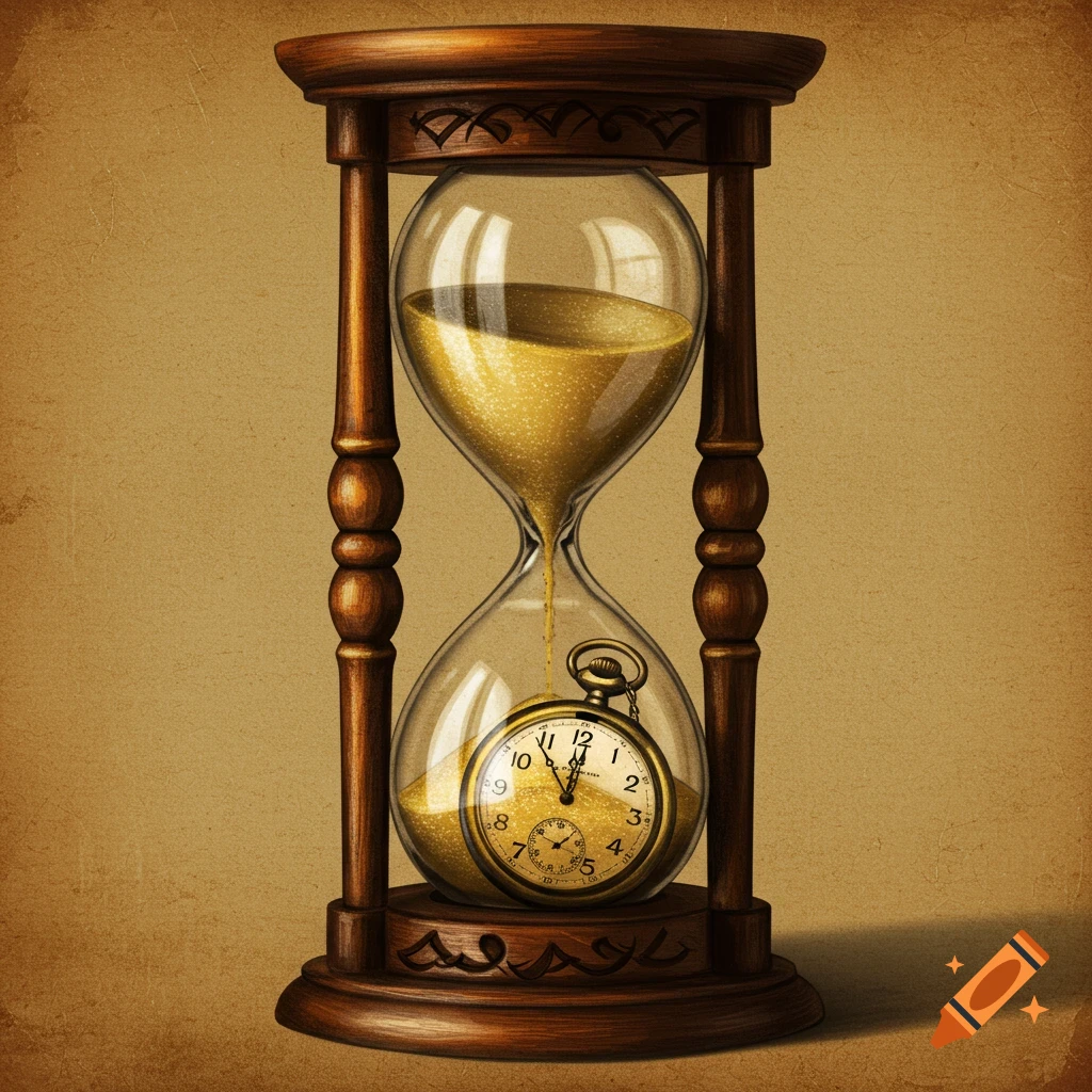 Antique hourglass with sand and a pocket watch inside