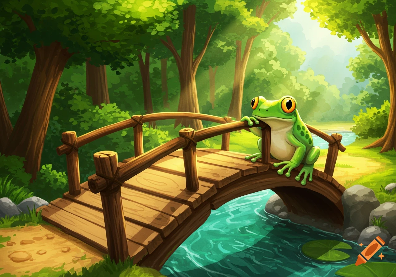 A green frog with large eyes sits on a wooden bridge over a stream in a sun-dappled forest. Illustration.