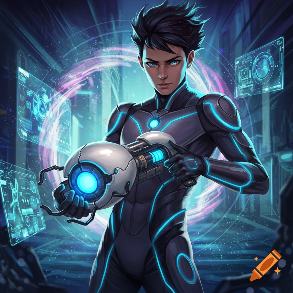 A person in a futuristic suit holds a portal gun in a sci-fi city with holographic interfaces and a portal.