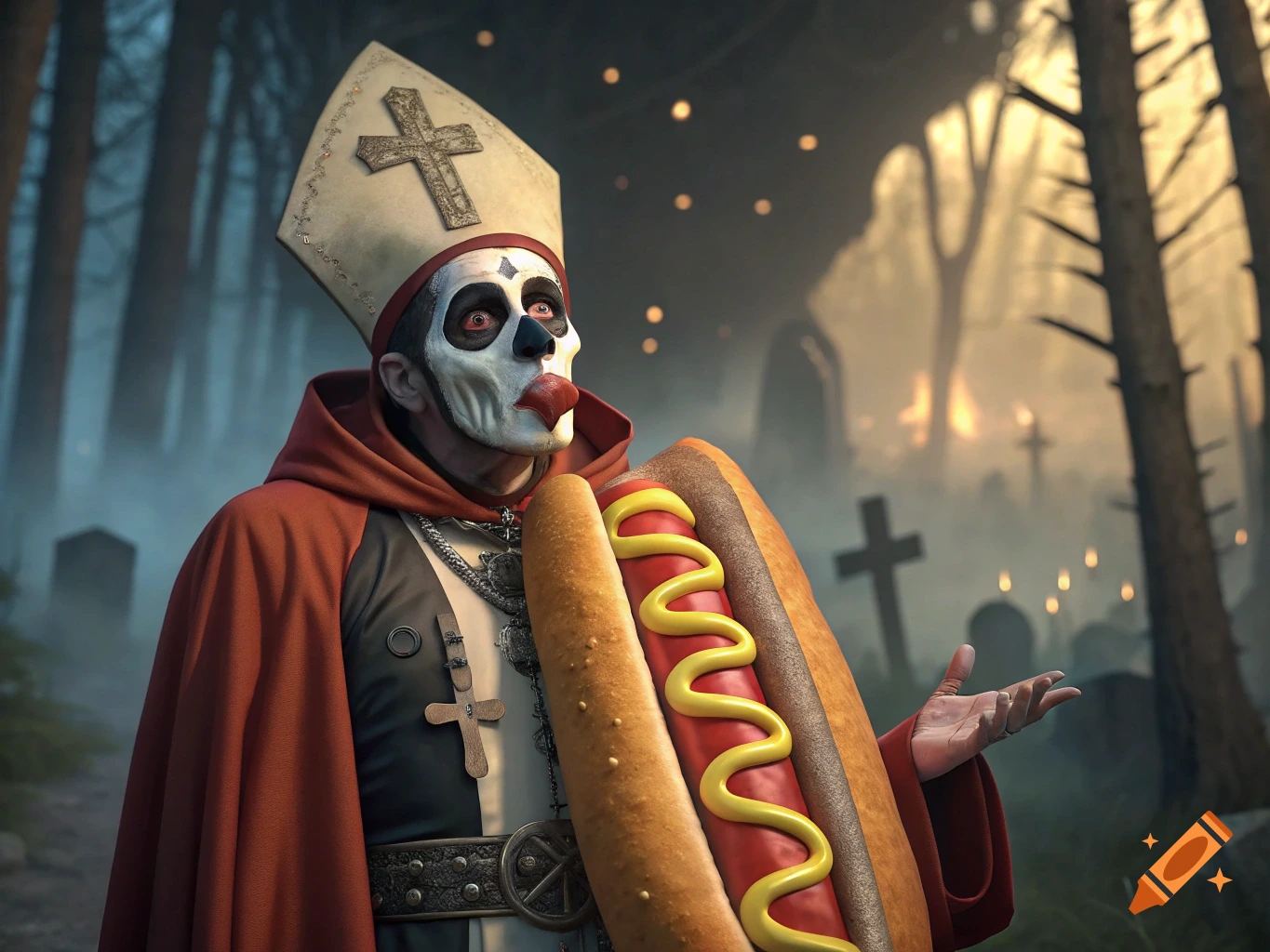 Person in papal robes and skull makeup holds giant hot dog in spooky cemetery.