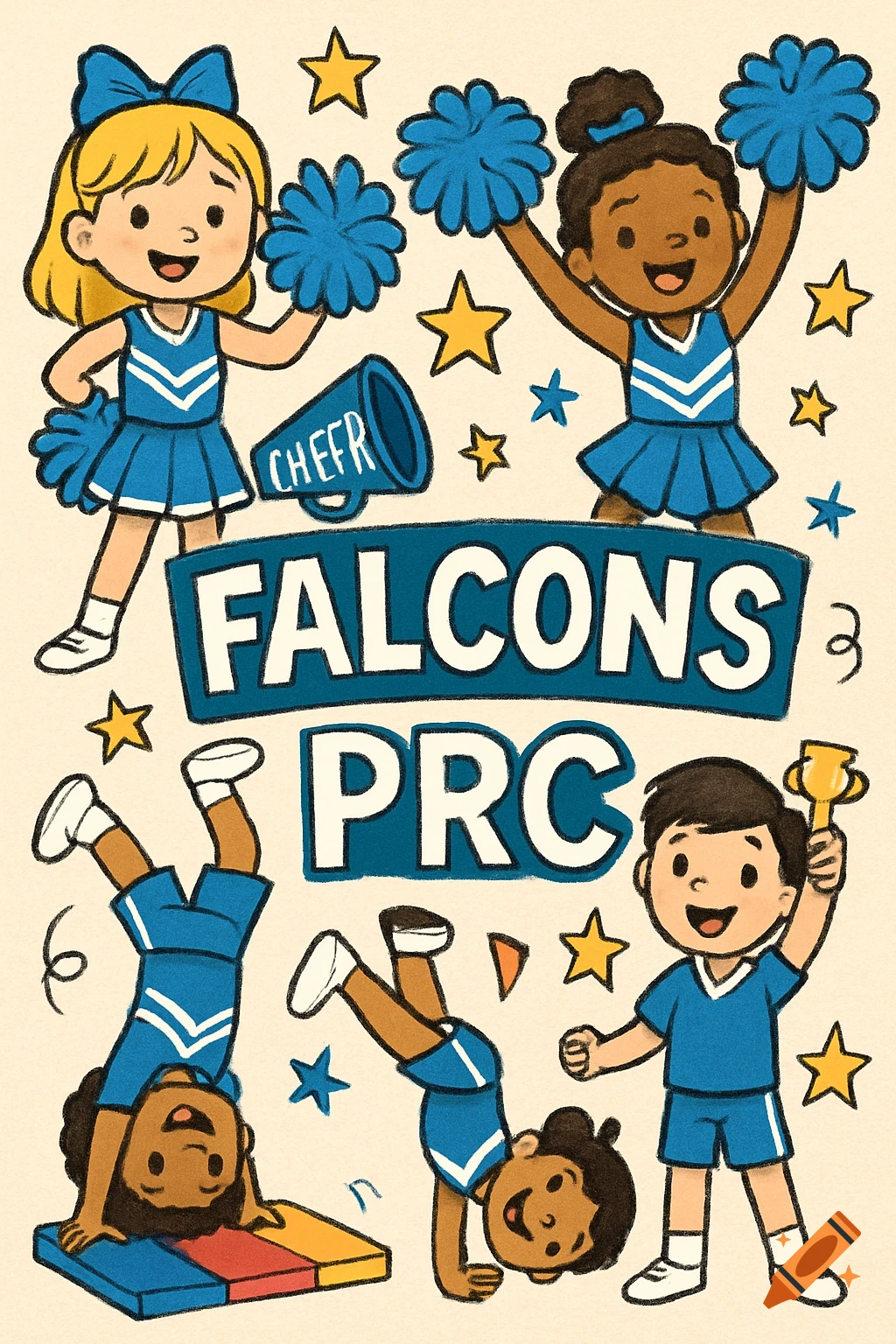 Cartoon collage of kids cheerleading and tumbling with blue pompoms, stars, and text reading FALCONS PRC and CHEER.