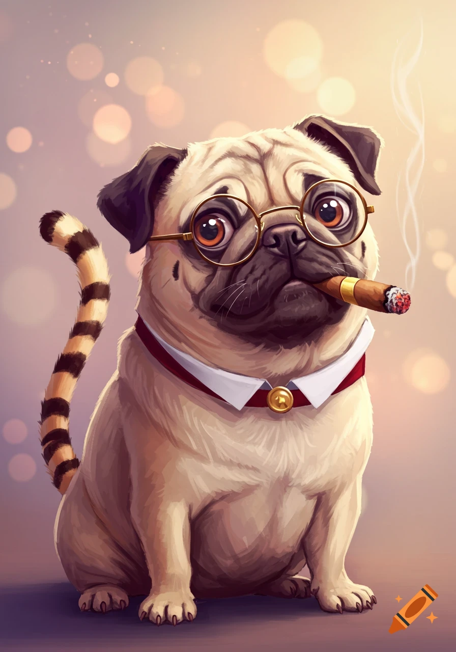 A pug dog wearing glasses and a collar, smoking a cigar, with a tiger tail.
