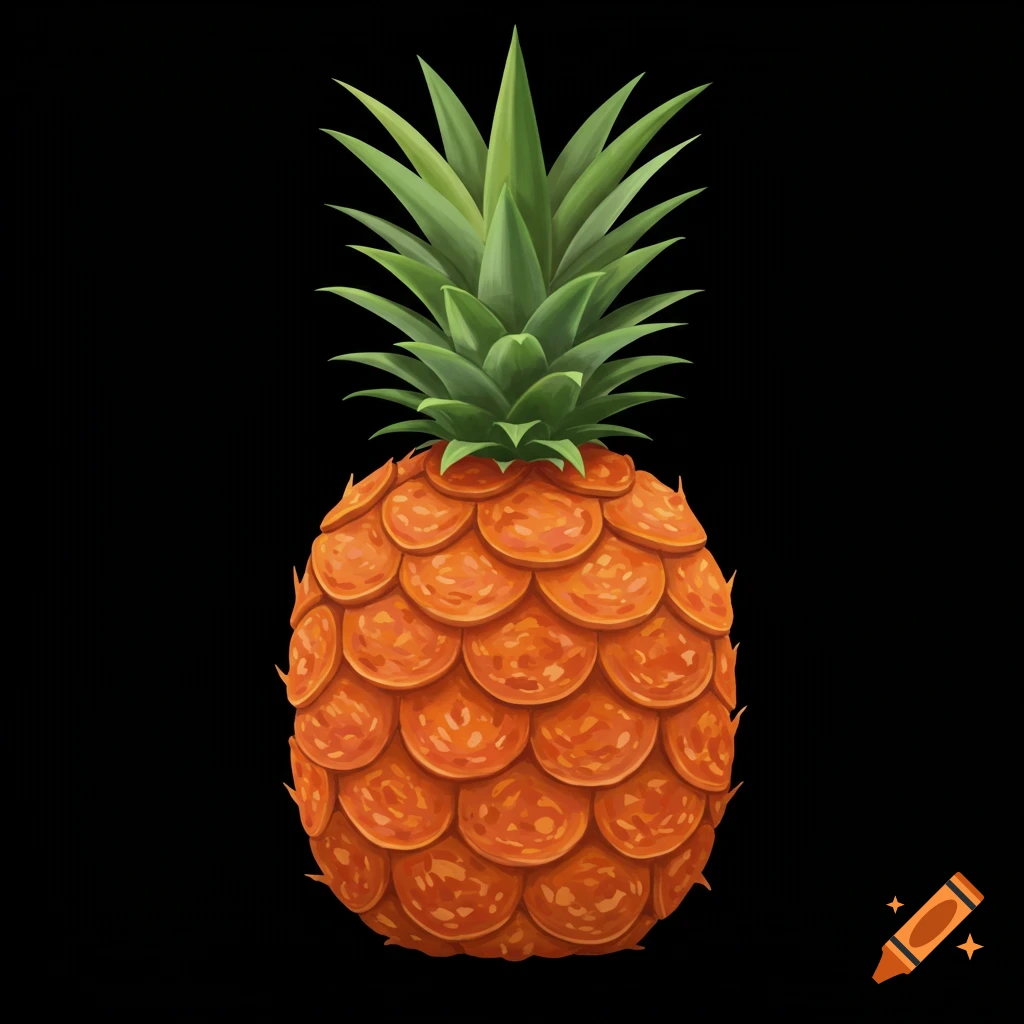 A pineapple made of pepperoni on a black background