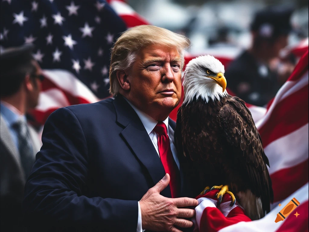 Person resembling Trump holding bald eagle in front of American flag