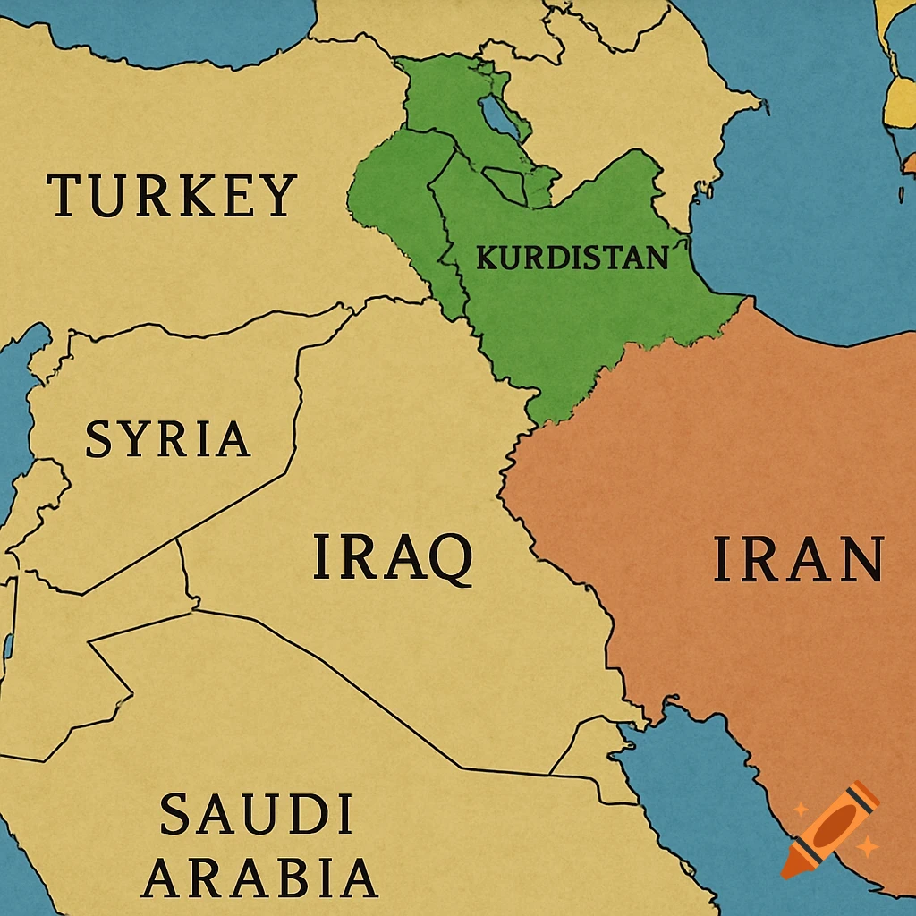 Map of the Middle East showing Turkey, Syria, Iraq, Iran, Saudi Arabia, and a highlighted region labeled Kurdistan.